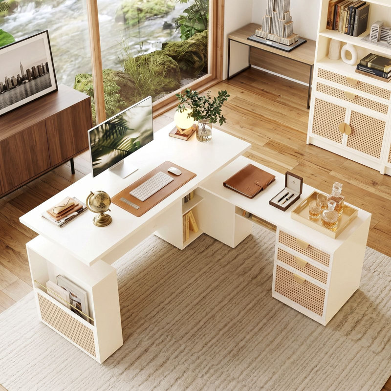 Adonia 63" W L-Shaped Electric Height Adjustable Standing Desk With 3 Drawers File Cabinet, Privacy Panel, AC/USB , Sit-Stand Home Office Corner Desk, Light Walnut