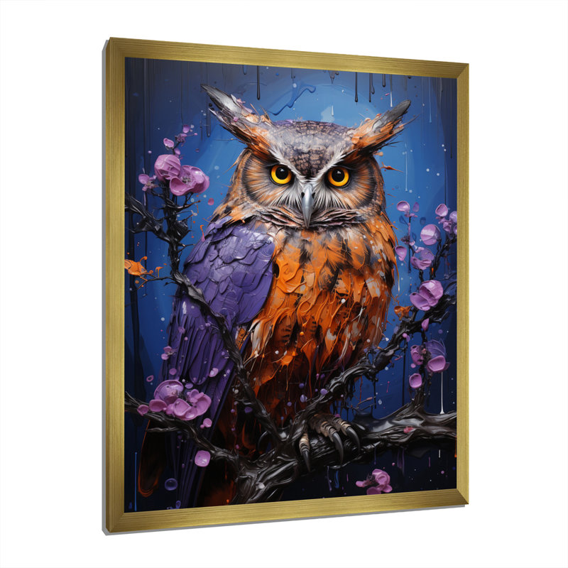 Purple Animal Amethyst Owl Drips - Animals Wall Art Prints, H 40 po x l 30 po x P 1,5 po, Encadrement doré