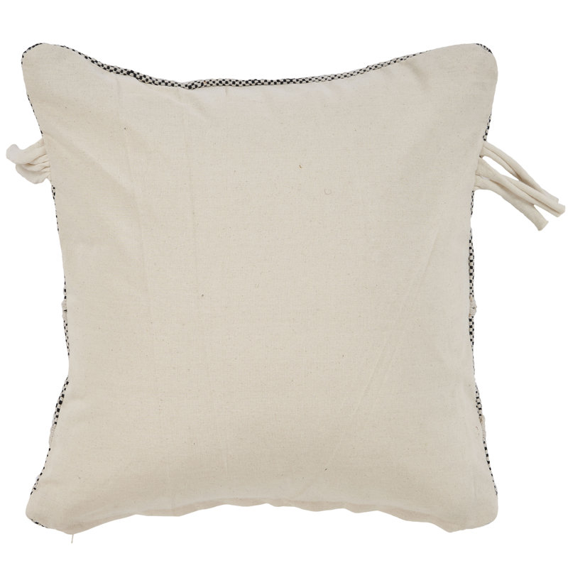 Black and Natural Embroidered Cotton Square Throw Pillow