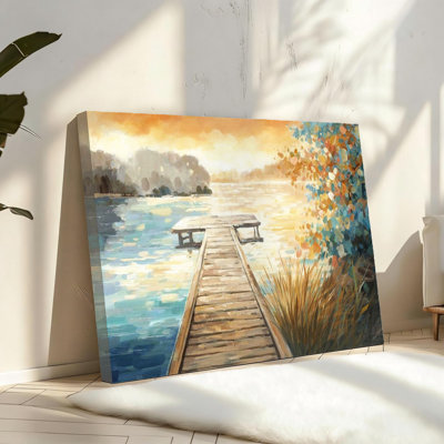 Navy Lake Dock Sunset Canvas Wall Art with Wildflowers - Serene Lake-House Decor Pictures for Living Room & Bedroom，Solid Wood Frame Support,16" X 24" inch