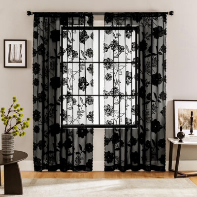 Black Sheer Lace Curtains for Bedroom Living Room Studio 84inch Long Vintage Rose Floral Embroidered Semi Sheer Curtain Panels Privacy Leaf Sheer Drapes with Scalloped Edge 54" w 2pcs 7ft