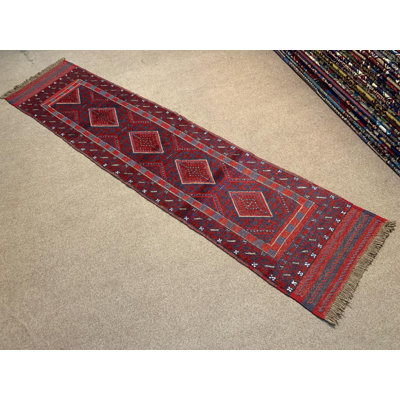 Tapis de couloir en laine tissé à la main de style rétro de 1,11 pi x 8,3 pi, Kilim Mashwani, tapis géométrique, tapis de couloir tribal, etc.