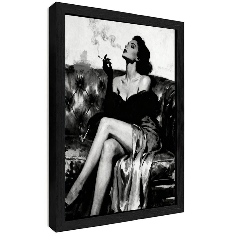 Black Framed Vintage A beautiful and sexy woman is smoking a cigar Wall Art Retro Style Framed Prints, 25" H x 17" W