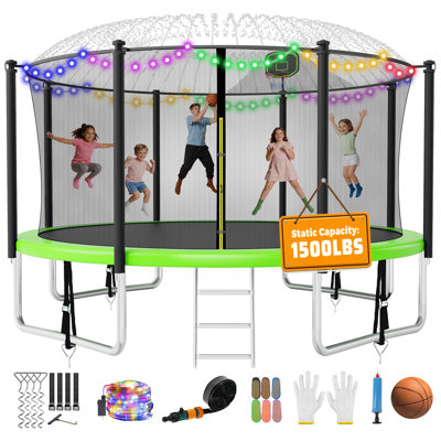 Furiphe 14' Round Backyard Trampoline With Safety Enclosure, Basketball Hoop, Sprinkler, Lights, Socks, Wind Stakes