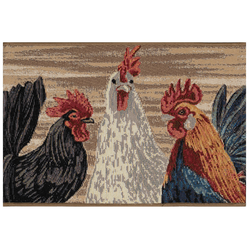 Three Roosters Polyester Non-Skid Kitchen Mat, Rectangle 2' x 2'10"
