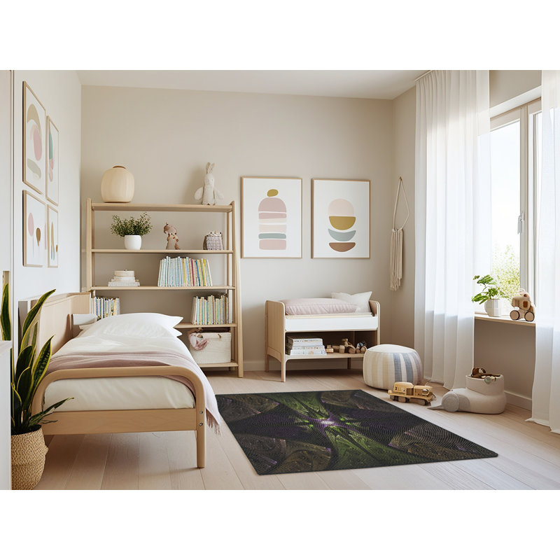Tapis vert/brun/noir tissé à la machine, Rectangle 4 pi x 6 pi