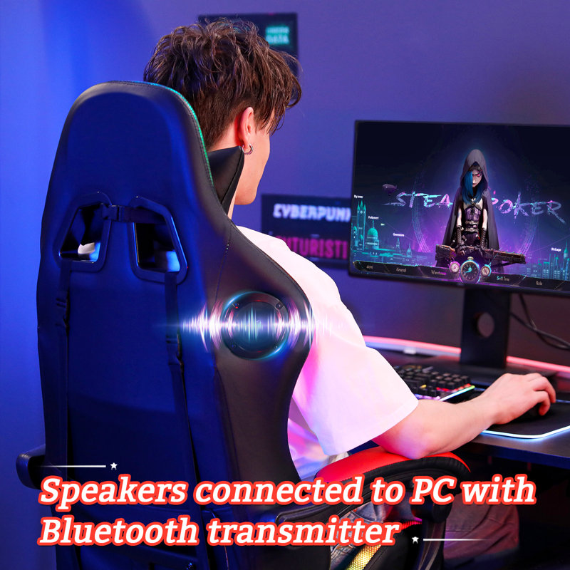 Red and Black Faux Leather Ergonomic Gaming Chair with Bluetooth Speakers and RGB LED Lights