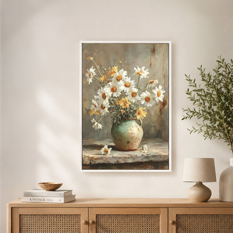 Tableau sur toile « Nature morte rustique avec vase et marguerites blanches », cadre flottant, prêt à accrocher., 8x12in