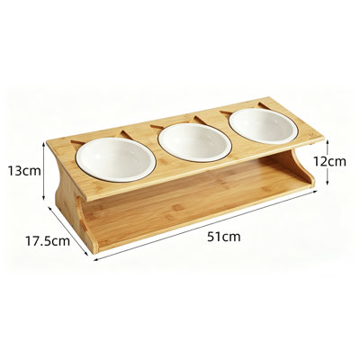 Bamboo Elevated Cat Feeder Stand With Ceramic Bowls, Raised Pet Food & Water Bowl For Cats And Small Dogs, Anti-Choke 15° Tilted Design, Detachable For Easy Cleaning, 2/3 Bowl Options Available