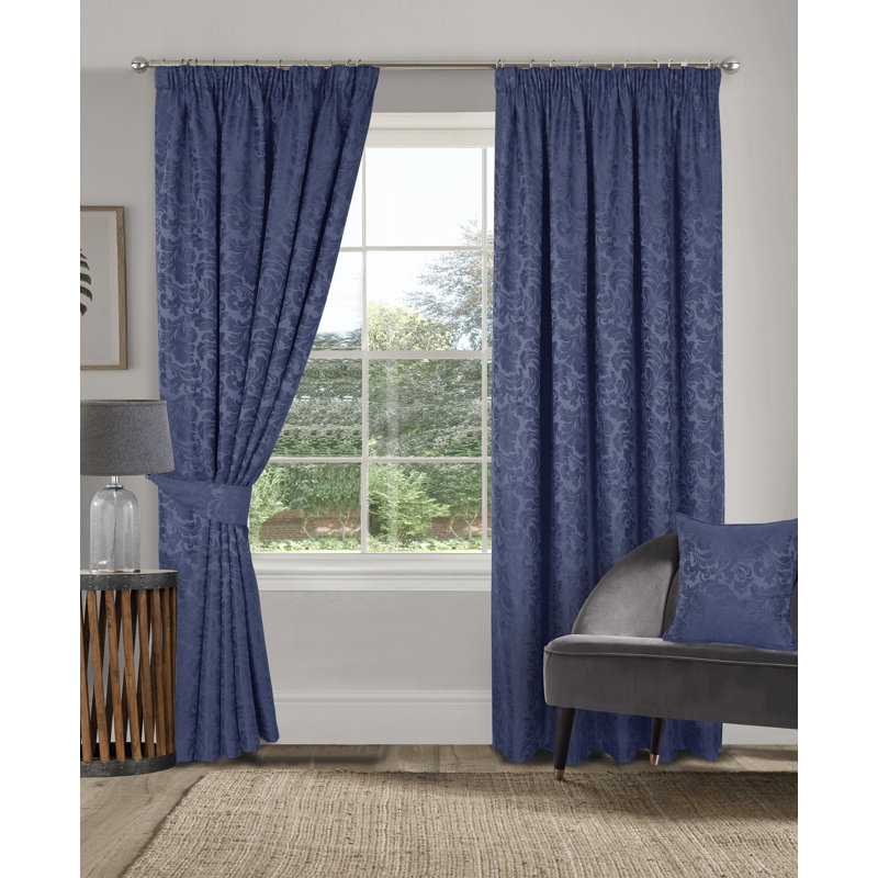 Hallas Pencil Pleat Damask Jacquard Curtains, Navy, 229 W x 183 D cm