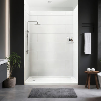 60" W x 36" D x 96" H 3-Piece Glue Up Shower Wall Panel Surround Kit in White Large Staggered Brick,Modern Statement,Textured Design,Quick Install & Trimmable,1/8" (2.8mm) Thick