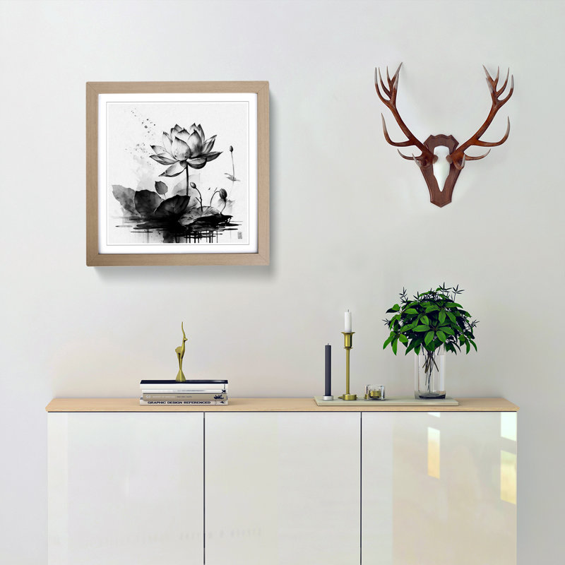 Lotus Flower Ink Wash - Framed Print, Oak