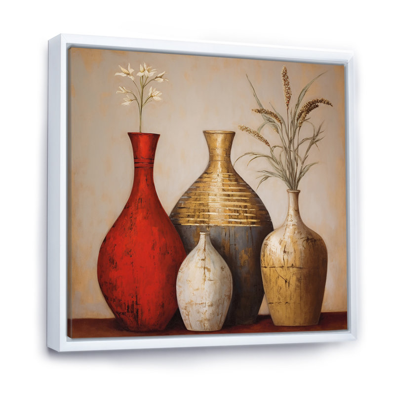 Cottage Vases rouges fleurs de blé séché I - art mural Boho Pottery pour le salon, H 36 po x l 36 po x P 1,5 po