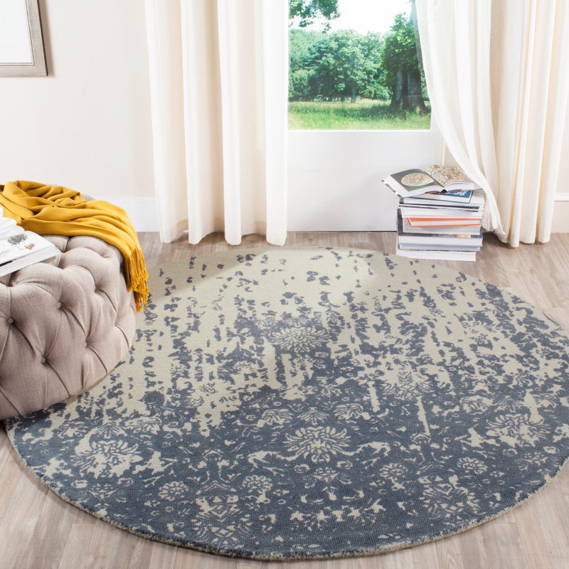 Ellicottville Floral Handmade Tufted Wool Ivory/Blue Area Rug, Round 6'