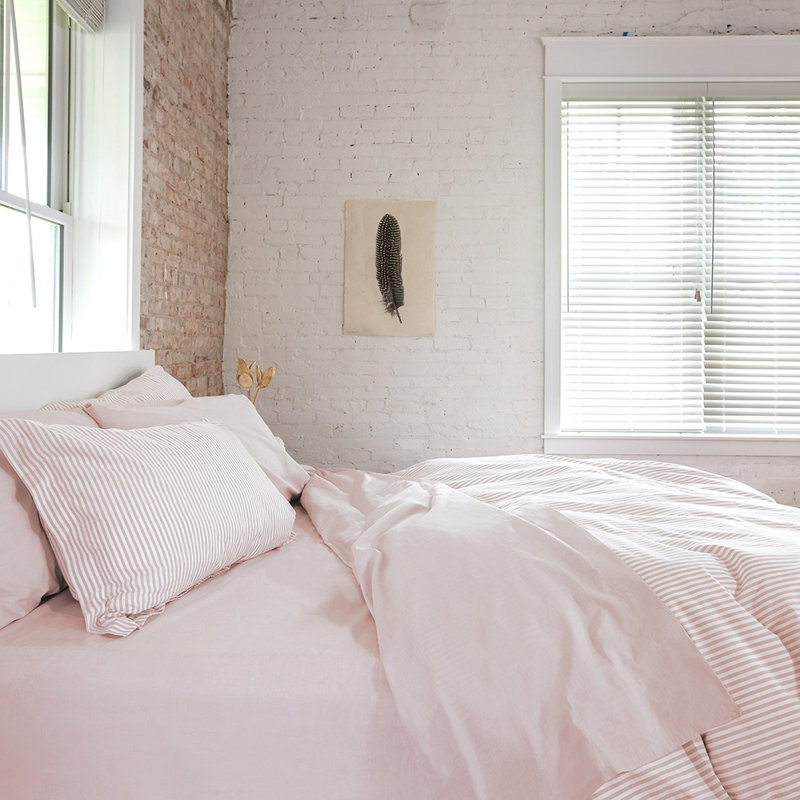 Ensemble de housse de couette Stripes Blush, Rayures, rosé, Ensemble de draps pour grand lit avec 2 taies d'or