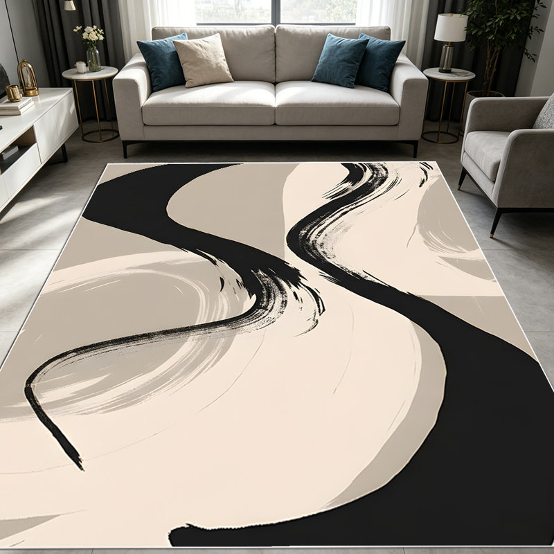 1PC Abstract Neutral Black Brushstroke Wave area rugs for Living Room, Soft and Comfortable, Suitable for all seasons, easy-to-maintain, machine washable Indoor floor mat, Under Table Farmhouse suitable for dining table, bedroom, entryway, home