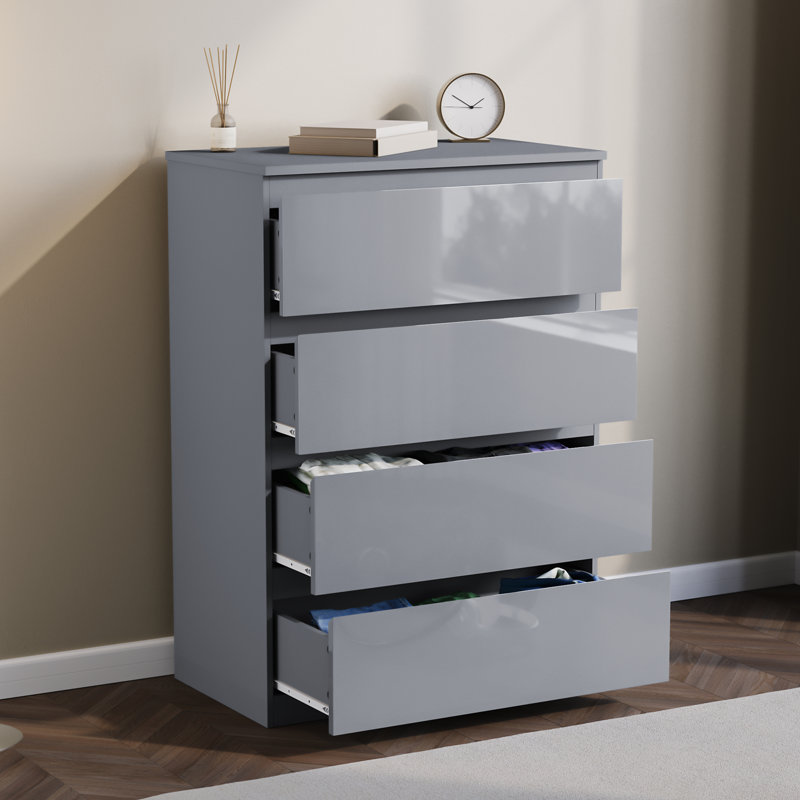 4 Drawer High Gloss Chest, (FSC 100%) Bedroom Home Storage Furniture, Grey