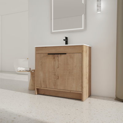 36" Freestanding Bathroom Vanity With White Ceramic Sink & 2 Soft-Close Cabinet Doors