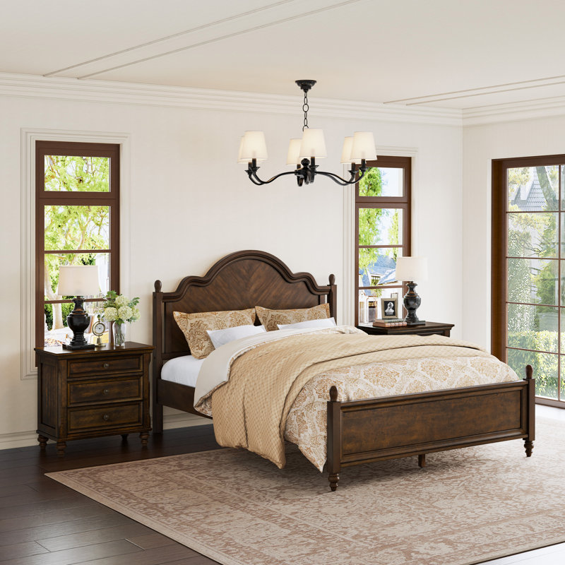 Ensemble de chambre à coucher 3 pièces en bois massif moderne, Grand lit, Dark Walnut