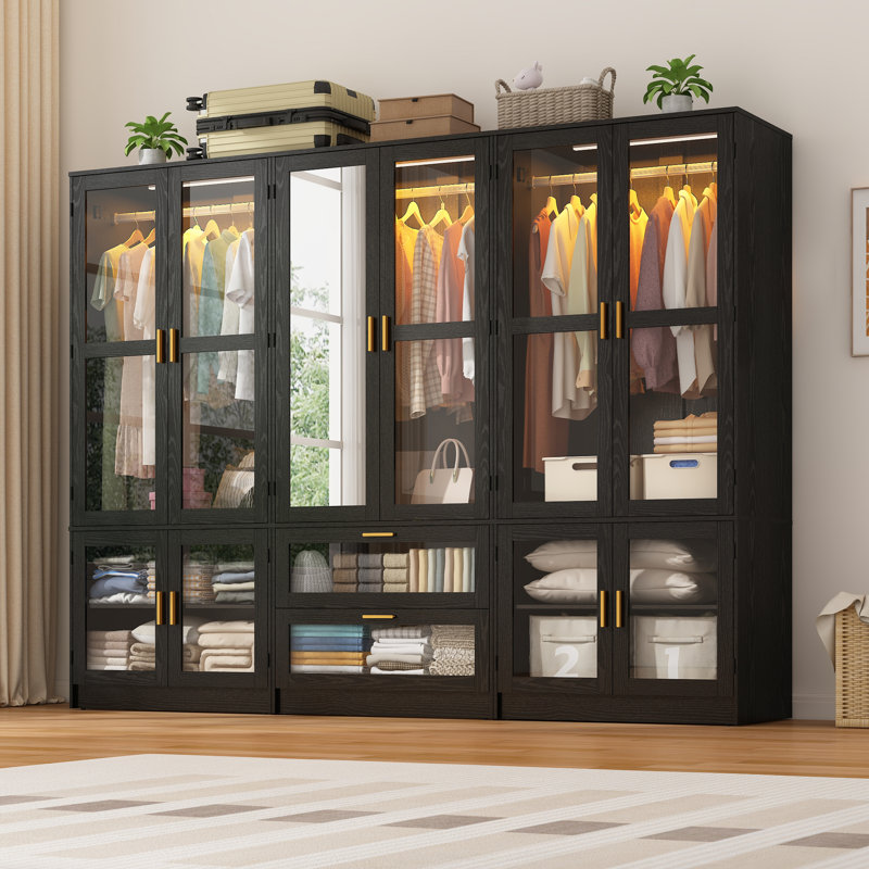 Armoire moderne l 94,5 po x H 71 po avec capteur à DEL, miroir en acrylique, garde-robe en verre avec tablettes et tiroirs
