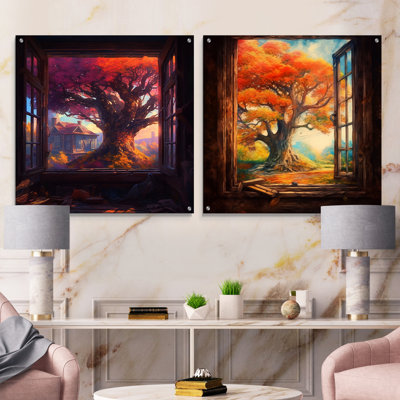 «Window View Of Vibrant Tree I», ensemble de 2 peintures murales en acrylique