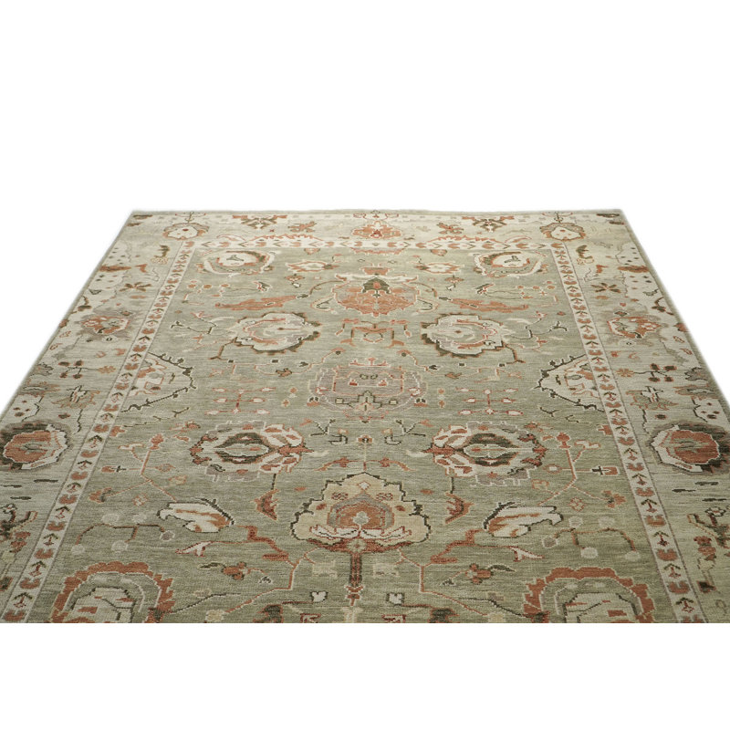 Tapis transitionnel vert en laine noué à la main 9 pi 10 po x 14 pi 1 po Oushak, Rectangle 9 pi 10 po x 14 pi 1 po