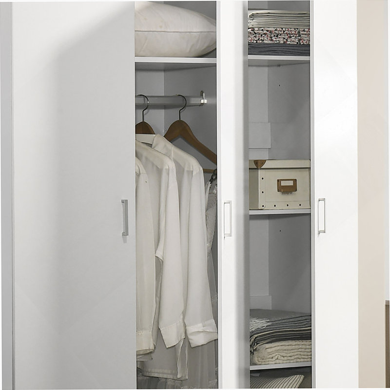 Armoire à 3 portes, armoire avec tablettes de rangement et tringle