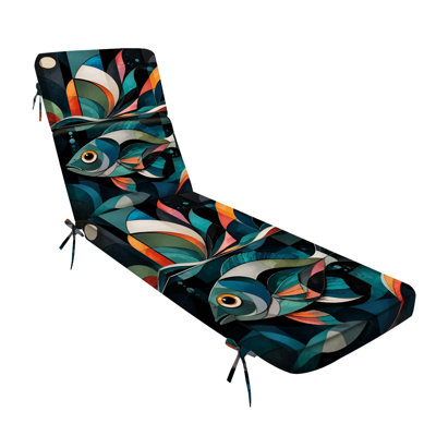 Coussin de chaise longue d'intérieur/extérieur de 72,5 po L × 21 po l × 3 po P (siège), épaisseur 3 po, motif abstrait de poissons, vagues géométriques, couleurs turquoise et orange vif, résistant à l'eau.