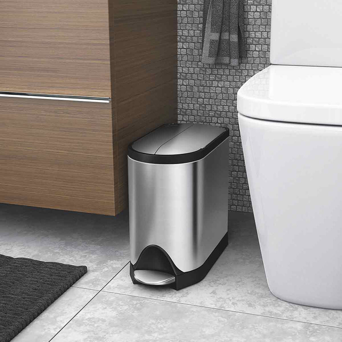 simplehuman 10 Liter / 2.6 Gallon Butterfly Lid Bathroom Step Trash Can, Brushed Stainless Steel