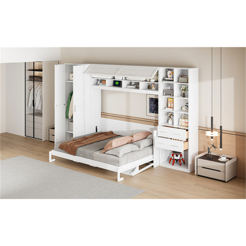 Grand lit escamotable mural avec placard, tiroirs et tablettes, blanc, Blanc, Grand lit