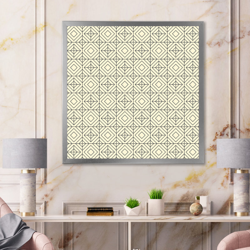Croix géométrique et carrés beiges - Impression sur toile, H 36 po x l 36 po, Cadre photo argenté