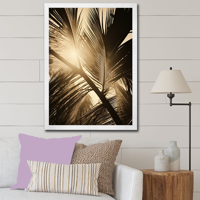 Feuilles de palmier sépia sérénité, Cadre simple blanc, H 32 po x l 24 po x P 1 po