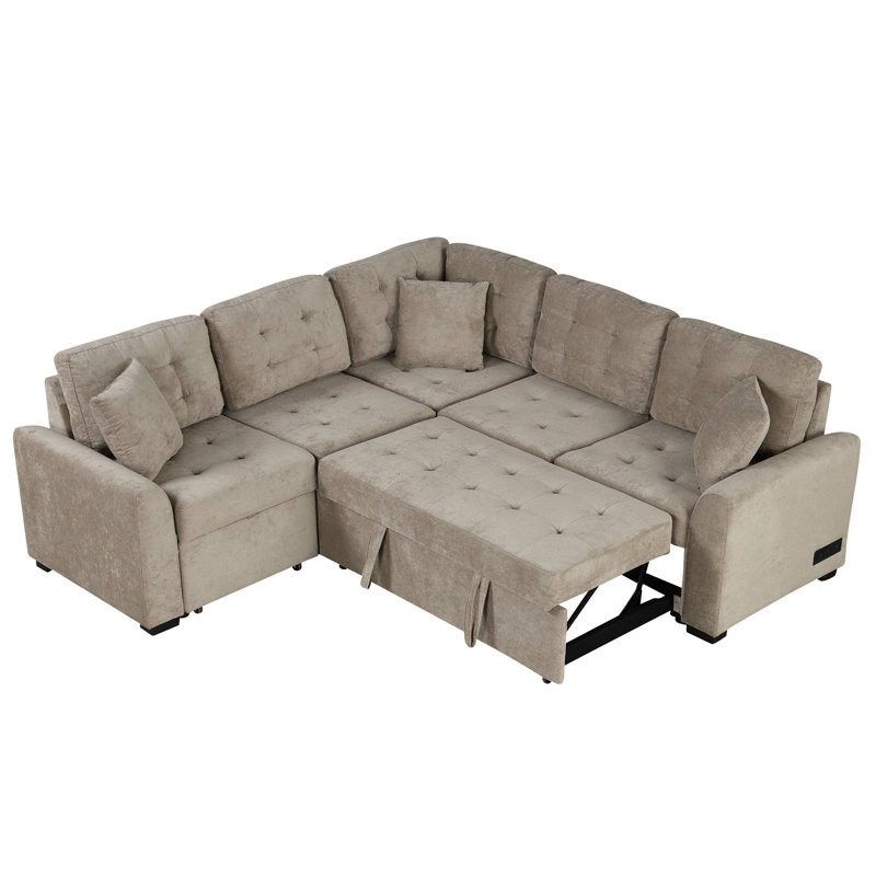 82.6" L-Shape Sofa Bed Pull-Out Sleeper Sofa With Wheels, Khaki Velvet