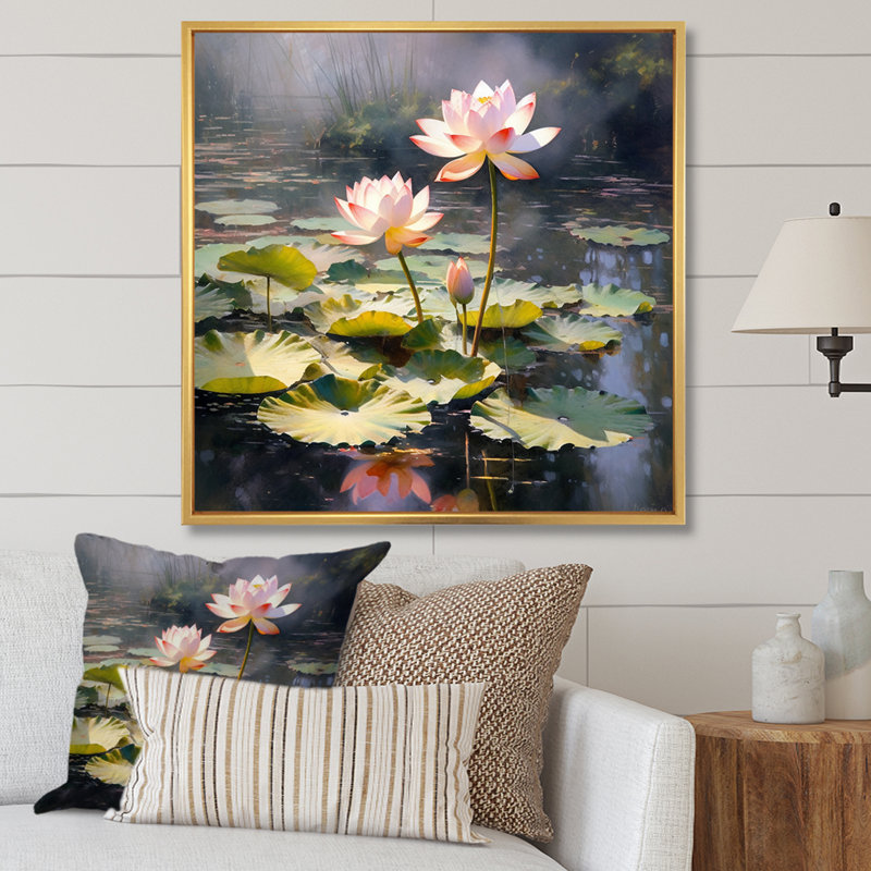 Aquarelle de lotus de sagesse sur toile, Cadre flottant doré, 16" H x 16" W