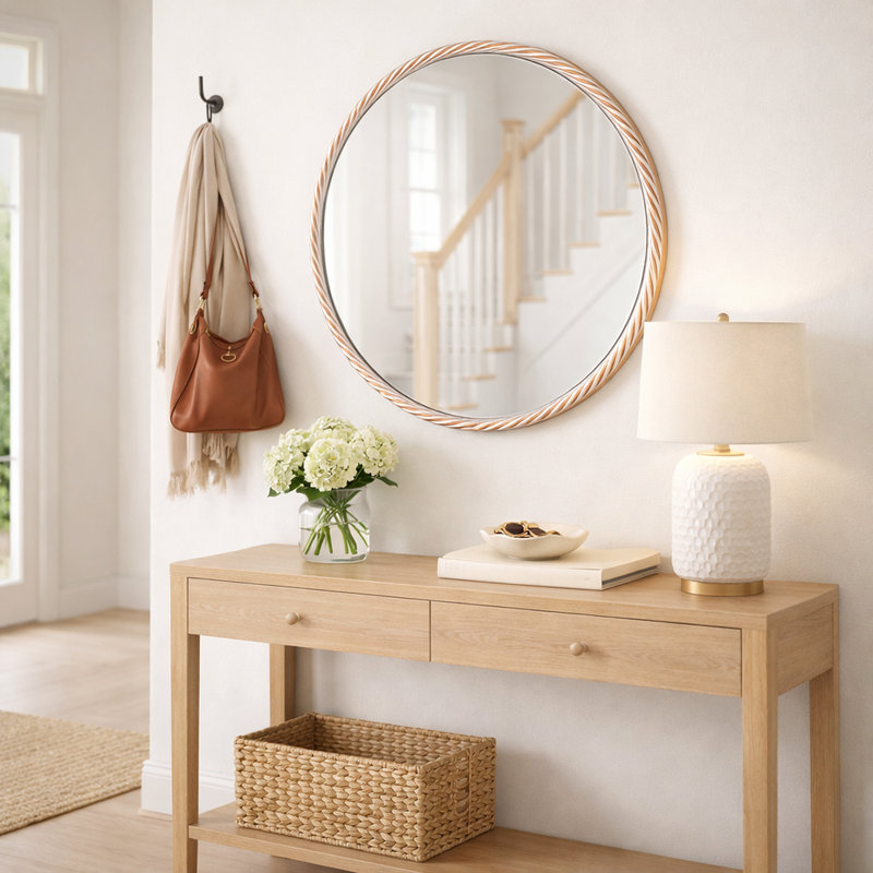Miroir de salle de bain, miroir mural rond avec cadre en métal torsadé d'inspiration rétro 