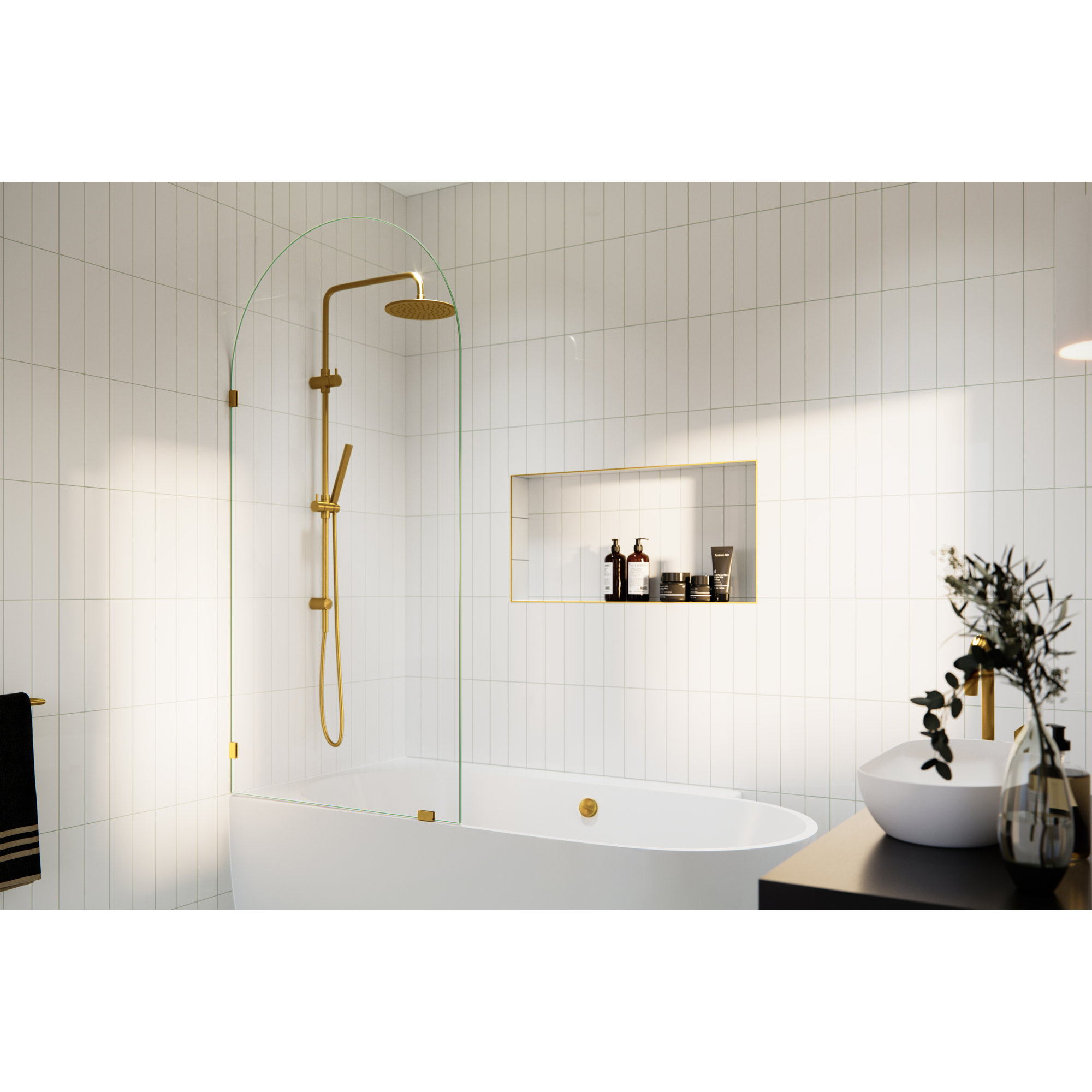 Venus 34 in. x 66.75 in. Frameless Arched Single Fixed Bath Panel, Satin Brass