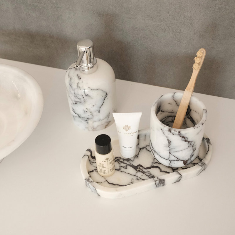 Elegant 3-Piece Bathroom Set, 100% Sicily Lila Marble, Soap Dispenser (3.5 in Diameter x 4.7 in Height), Toothbrush Holder (3.5 in Diameter x 3.9 in Height), Vanity Tray (9.8 x 4.7 x 0.8 in) | Stylish & Durable White Design for Luxurious Bathrooms