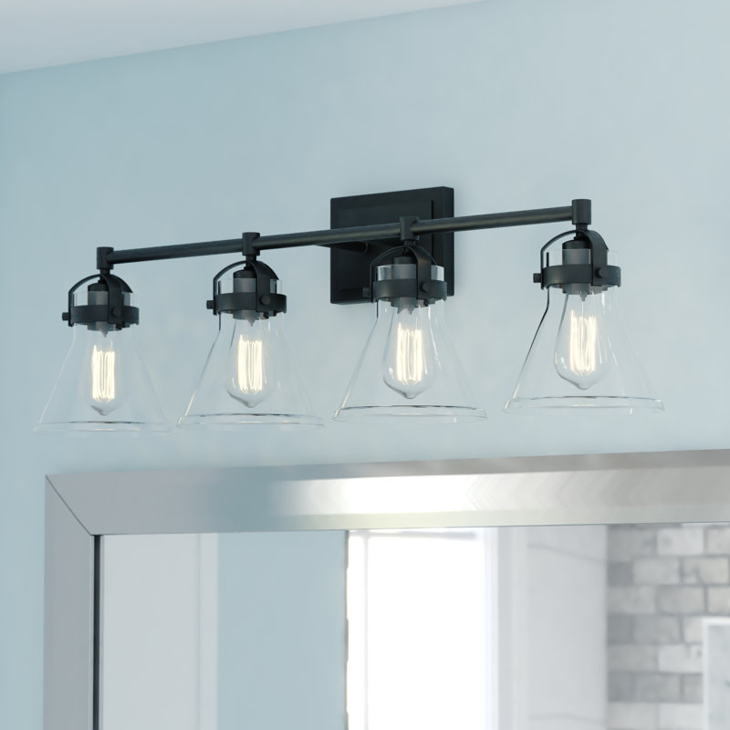 Mason Light Farmhouse Black Bathroom Vanity Fixture Clear Glass, 4 Lights