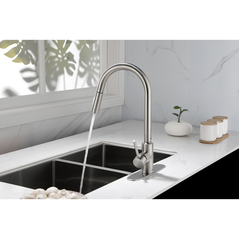 Robinet de cuisine avec douchette rétractable - Nickel brossé, acier inoxydable, buse rotative à 360 ° pour accès à l'eau, réglage de la température et du débit d'une seule poignée, revêtement antirouille - débit