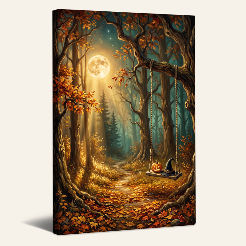 «Moonlit Autumn Forest» avec citrouille et chapeau de sorcière, art mural d'Halloween, H 18 po x l 12 po