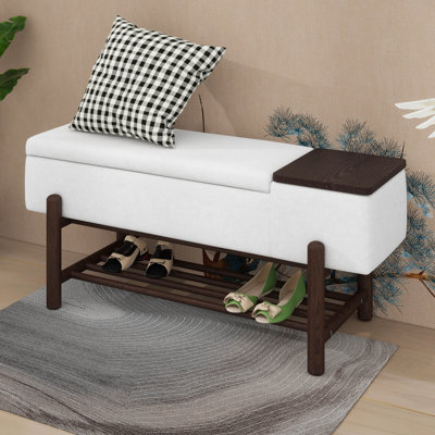 Banc rembourré avec range-chaussures, banc de rangement avec pieds en bois d'hévéa, banc d'entrée avec compartiment caché