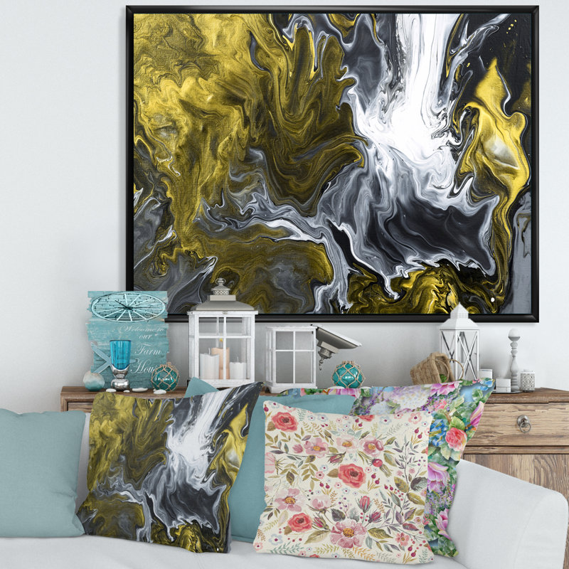 Jaune jaune et noir liquide Art Waves II - peinture sur toile, H 12 po x l 20 po, Toile à cadre flottant noir