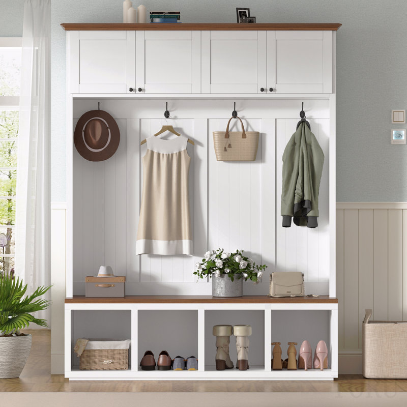 Arbre d'entrée 59 po avec banc et rangement, arbre d'entrée 4 en 1 grain de bois avec armoires, portemanteaux et crochets pour le couloir, l'entrée, le salon et le vestibule