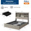 Structure de lit pleine grandeur avec tête de lit bibliothèque avec rangement, fabrication en bois et en métal, 4 tiroirs intégrés, station de charge intégrée, utilisation dans une chambre à coucher industrielle-763121785-763121790