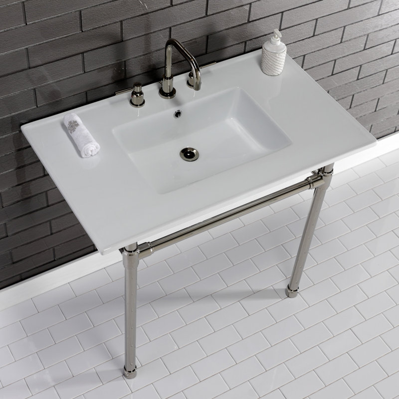 Kingston Brass Dreyfuss 37-Inch Ceramic Console Sink with Stainless Steel Legs (8-Inch, 3-Hole), White/Polished Nickel