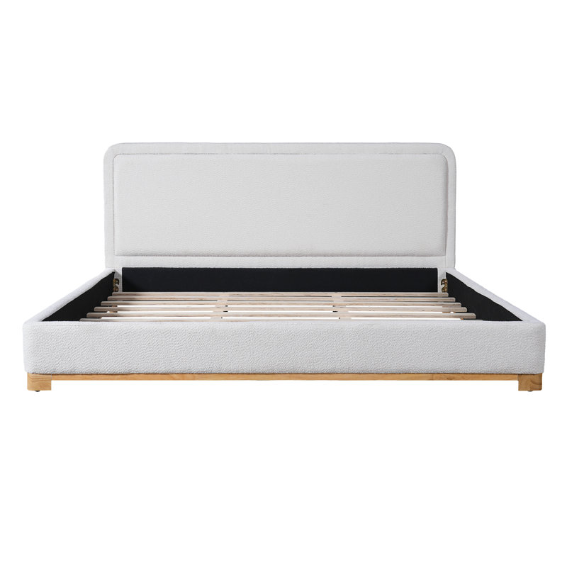 Linen Upholstered Platform Bed With Thick Headboard & Rubberwood Frame, King, White