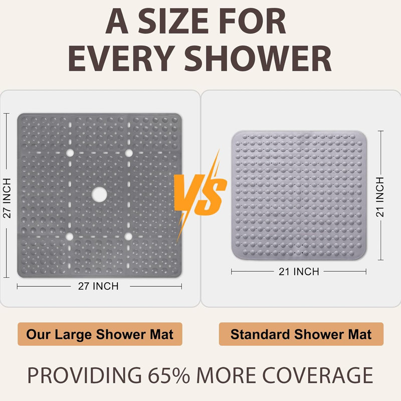 Tapis de douche carré antidérapant en TPE sans BPA avec ventouses, 68,5 x 68,5 cm, pliable et lavable à la machine.