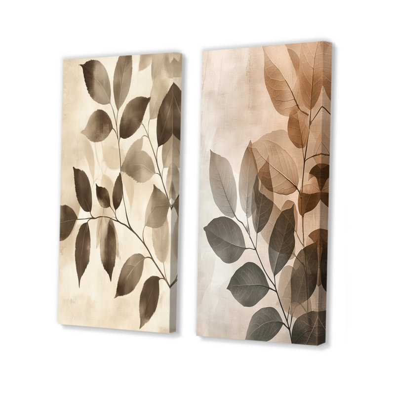 Collage mosaïque feuilles taupe I - art mural floral 2 panneaux, H 28 po x l 25 po, Toile tendue