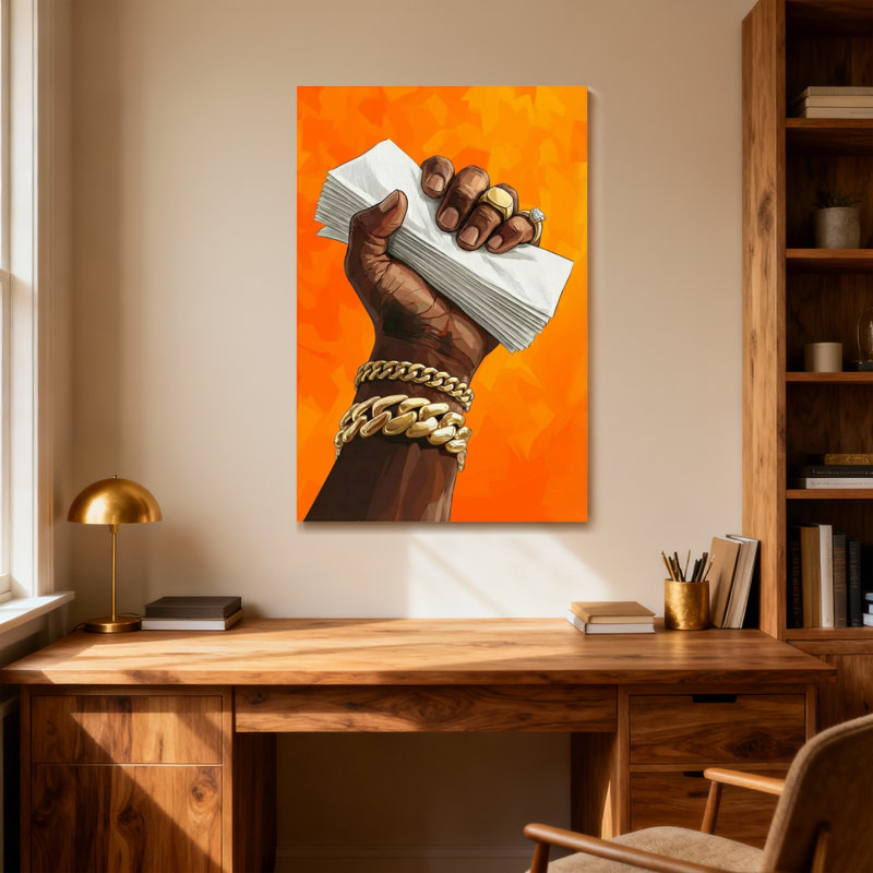 Tendance à la main tenant de l'argent avec des bijoux en or, H 18 po x l 12 po