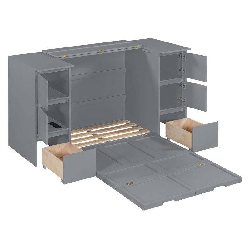 Lit escamotable avec tiroirs, armoires et ports USB Murphy, parfait pour économiser de l'espace et un confort, Gris, Simple